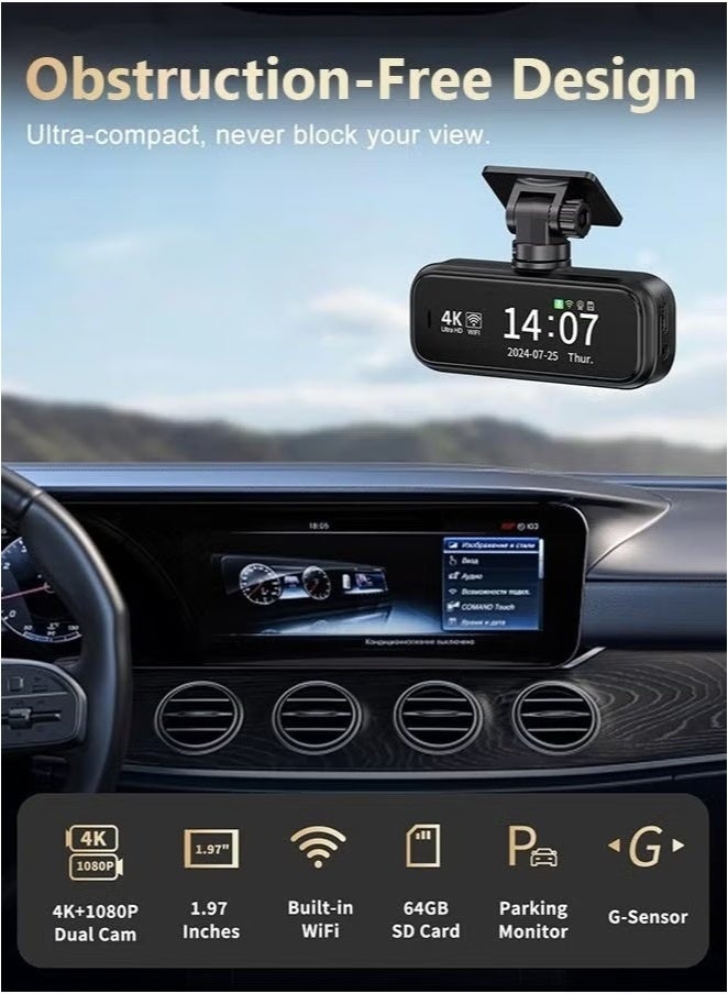 4K Dash Cam with 64GB SD Card for Car 3840*2160P Dual Lens Support 1080P Rear Camera, G-Sensor, Loop Recording, WIFI GPS 24H Parking Monitoring, Night Vision - Image 2